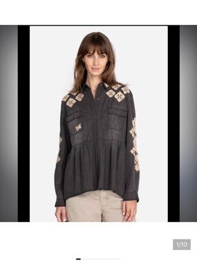 Johnny Was Embroidered Charcoal Button-Up Peplum Blouse - Beige Accents XL